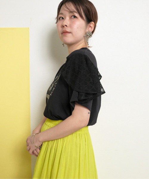 tシャツ 肩フリルレースTシャツ フロッキーロゴ レディース palm RICHE tシャツ 肩フリルレースTシャツ フロッキーロゴ