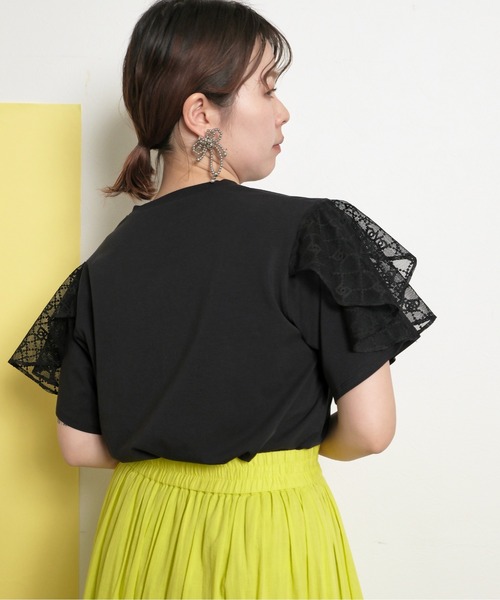 palm RICHE tシャツ 肩フリルレースTシャツ フロッキーロゴ
