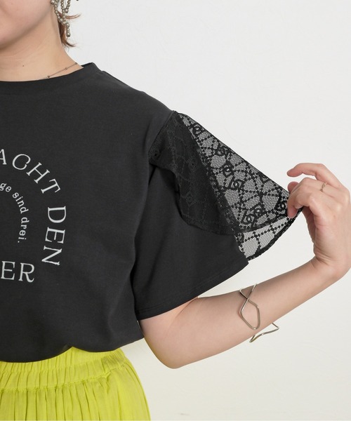 tシャツ 肩フリルレースTシャツ フロッキーロゴ レディース palm RICHE tシャツ 肩フリルレースTシャツ フロッキーロゴ