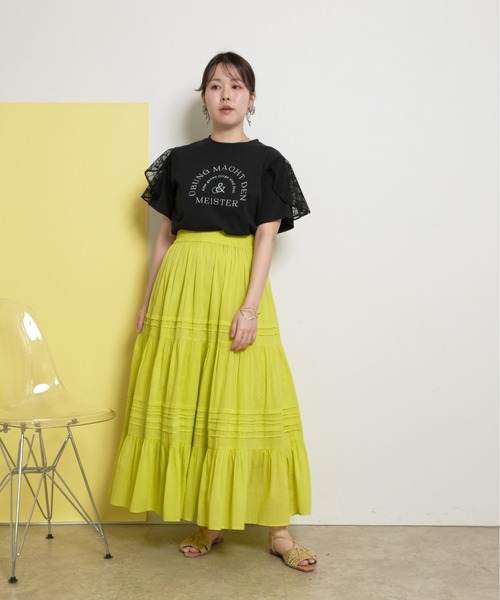 tシャツ 肩フリルレースTシャツ フロッキーロゴ レディース palm RICHE tシャツ 肩フリルレースTシャツ フロッキーロゴ