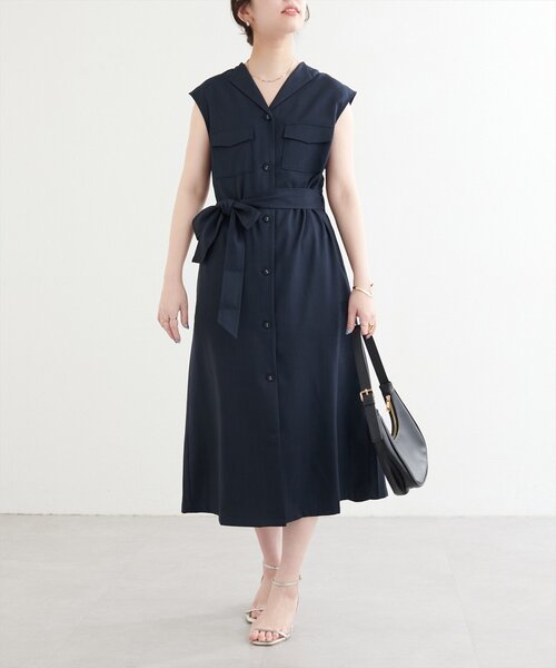 華月 natural couture ワンピース Vネック開き麻調ノースリワンピース