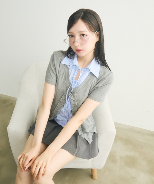 【25ss 新品】ESTNATION 半袖 ニット スカラップ フリル セール】クロスフリル半袖ニット（ニット/セーター）｜continuer