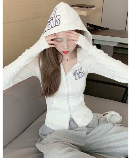 FUNdaysion パーカー フィンガーホール付きダブルジップリブパーカー