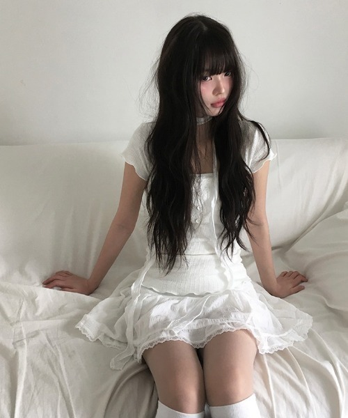 anyonemore tシャツ ロングタイスカーフ付きレースボタン半袖T