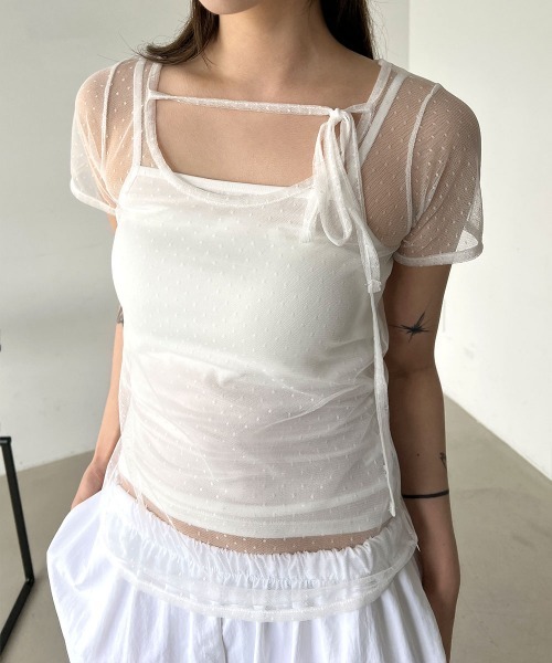 candy pop tee ニット Tシャツ ドット 半袖 シースルー 白 新品 4INT. tシャツ 「レイヤードにおすすめ」ドット レース シースルー