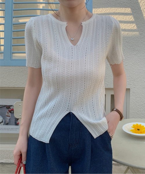 tシャツ スキッパーネック透かし編みトップス レディース