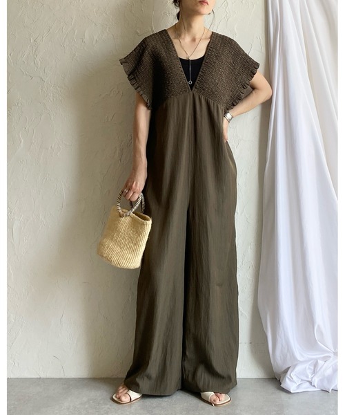サロペット・オーバーオール・オールインワン HIGHNECK FRENCHSLEEVE ROMPERS She's Closet サロペット オーバーオール 深Vネックハイウエスト