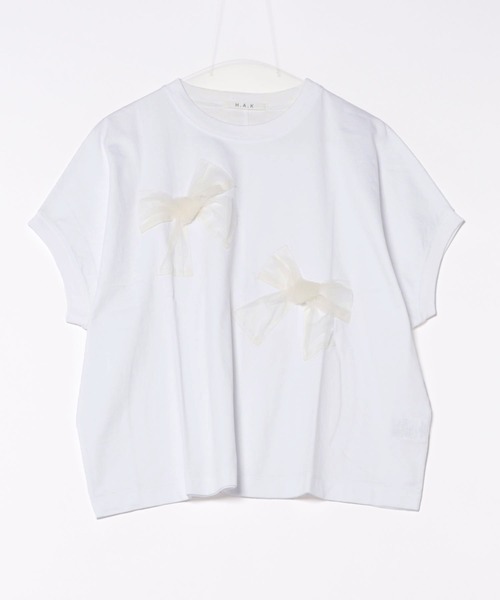 tシャツ スワイー天竺チュールリボン立体モチーフTシャツ レディース H.A.K tシャツ スワイー天竺チュールリボン立体モチーフTシャツ