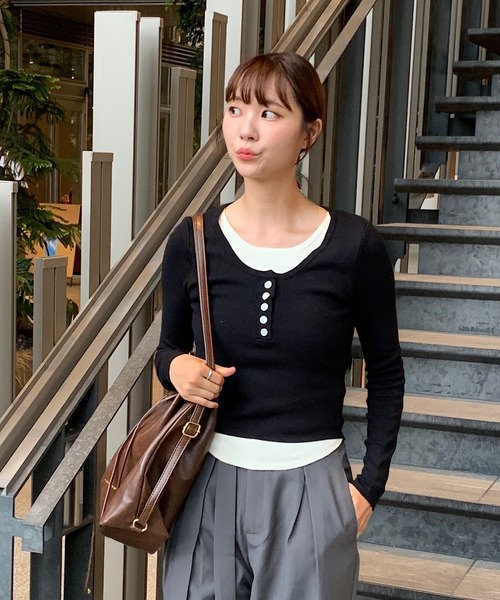 tシャツ フェイクレイヤードヘンリーネックロンT レディース