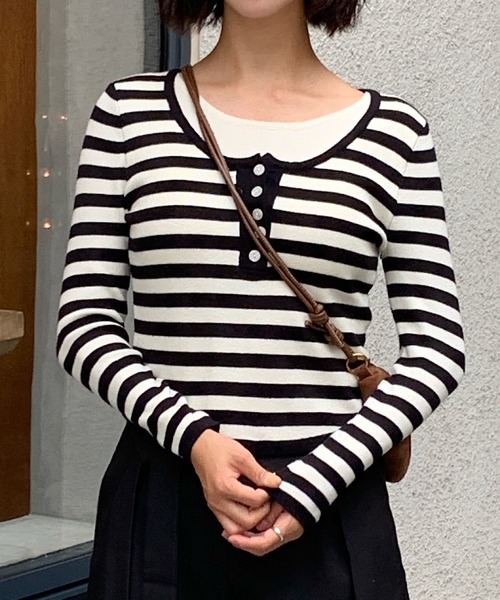 tシャツ フェイクレイヤードヘンリーネックロンT レディース