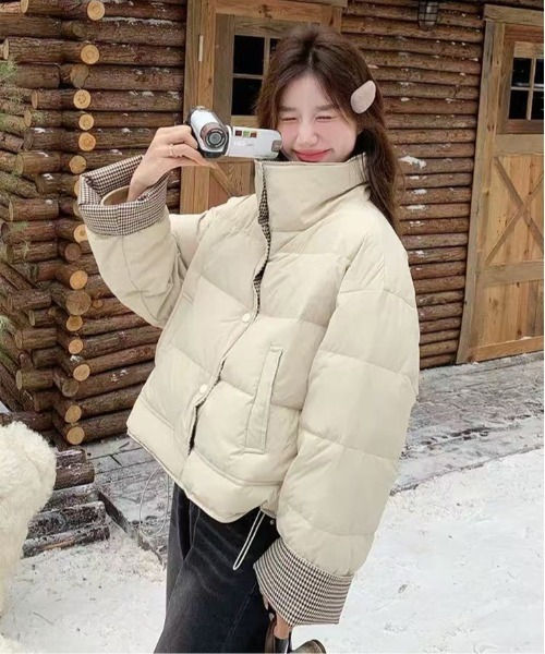 ダウンコート ダウンジャケット チェック切り替え中綿スタンドカラー