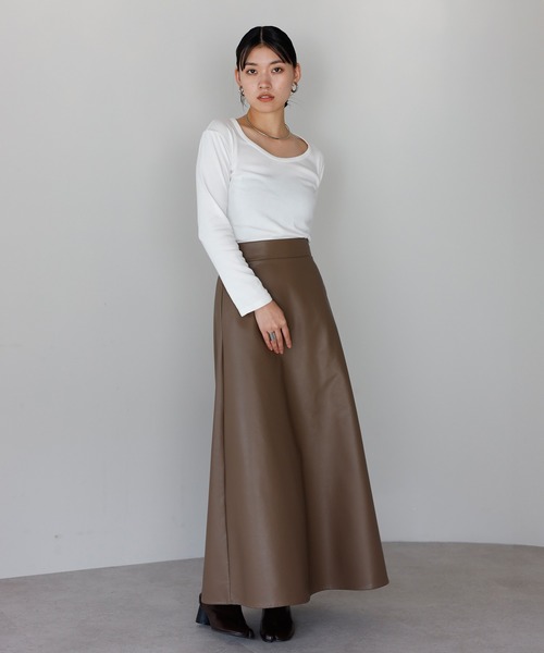 ENC ロング スカート fake leather high waisted flare skirt
