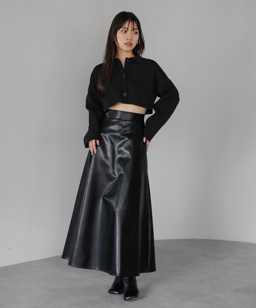 ENC スカート fake leather high waisted flare skirt / フェイク