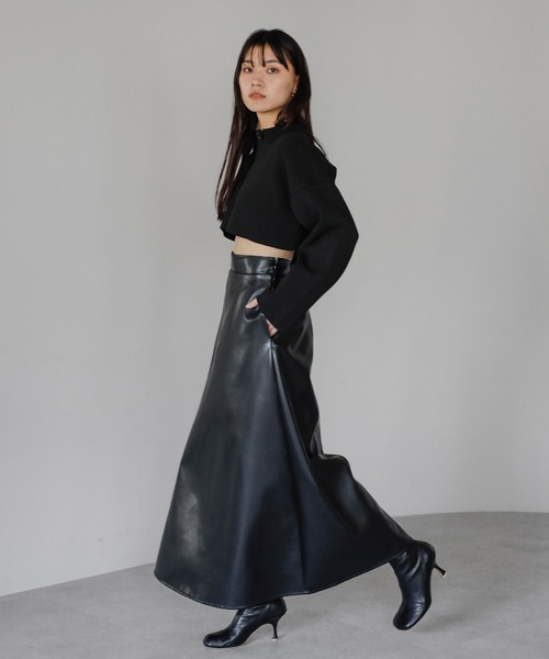 ENC スカート fake leather high waisted flare skirt / フェイク