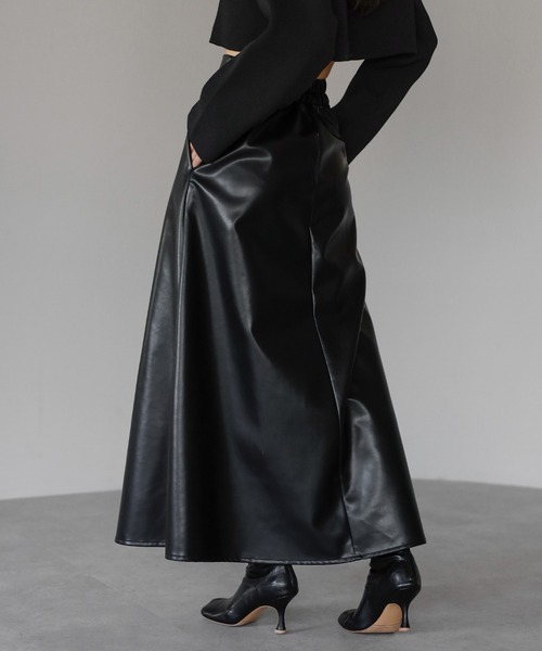 ENC ロング スカート fake leather high waisted flare skirt