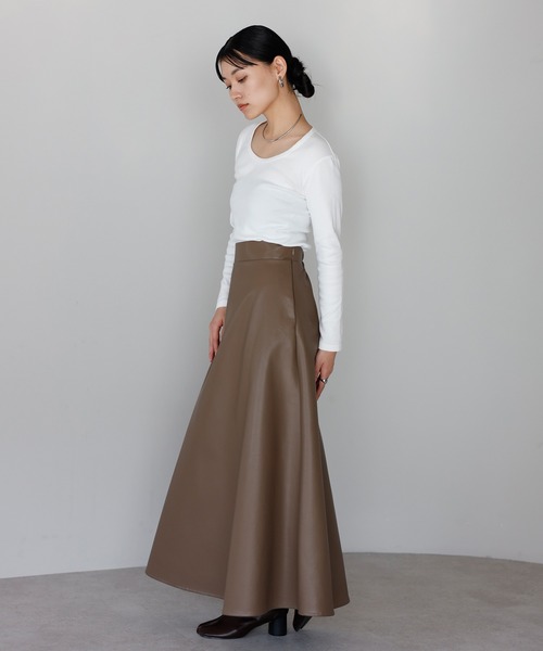 ENC ロング スカート fake leather high waisted flare skirt
