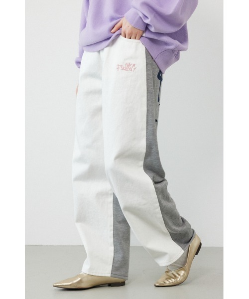 ワイドパンツ ジーンズ デニム デニムパンツ BIG sign logo コンビパンツ レディースの画像