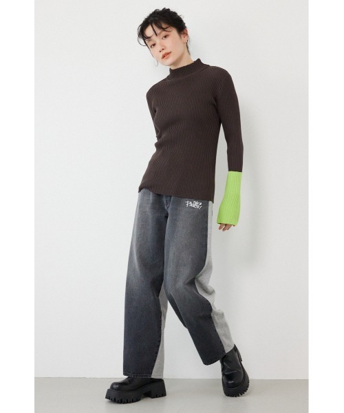 ワイドパンツ ジーンズ デニム デニムパンツ BIG sign logo コンビパンツ レディースの画像