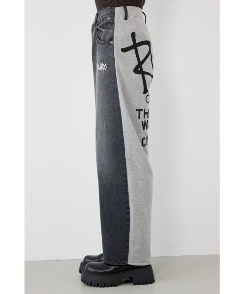 ワイドパンツ ジーンズ デニム デニムパンツ BIG sign logo コンビパンツ レディースの画像