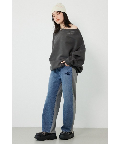 ワイドパンツ ジーンズ デニム デニムパンツ BIG sign logo コンビパンツ レディースの画像
