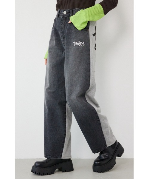 ワイドパンツ ジーンズ デニム デニムパンツ BIG sign logo コンビパンツ レディースの画像