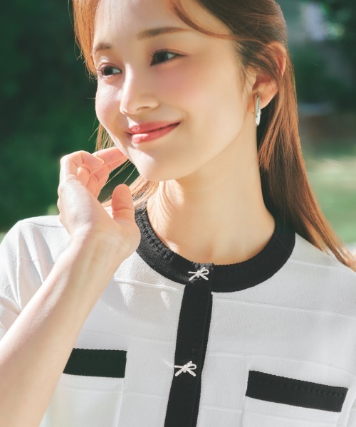 カーディガン 「元宝塚トップ娘役 舞空瞳さん着用」サラフィール_リボン釦５分丈カーディガン レディースの画像