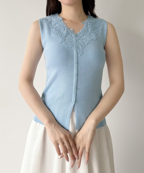 ハンドメイド　ニット　トップス( )✩‧₊ mipiarl ニット セーター レースモチーフノースリニットトップス