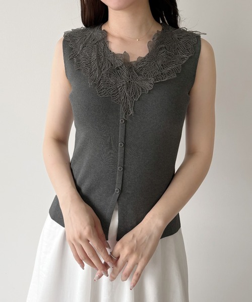 mipiarl ニット セーター レースモチーフノースリニットトップス