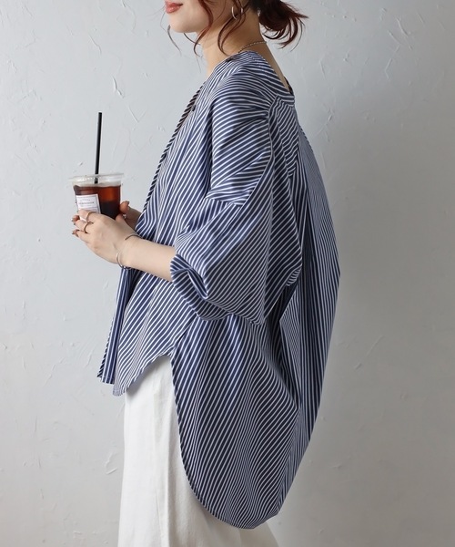 「&HALF」 「noa-ge 」7分袖ブラウス L ネイビー レディース_画像2