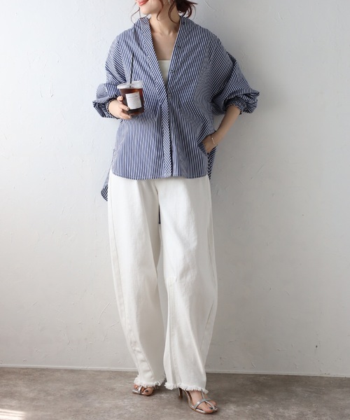 「&HALF」 「noa-ge 」7分袖ブラウス L ネイビー レディース_画像5
