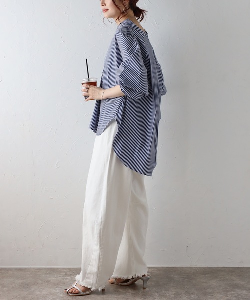 「&HALF」 「noa-ge 」7分袖ブラウス L ネイビー レディース_画像6