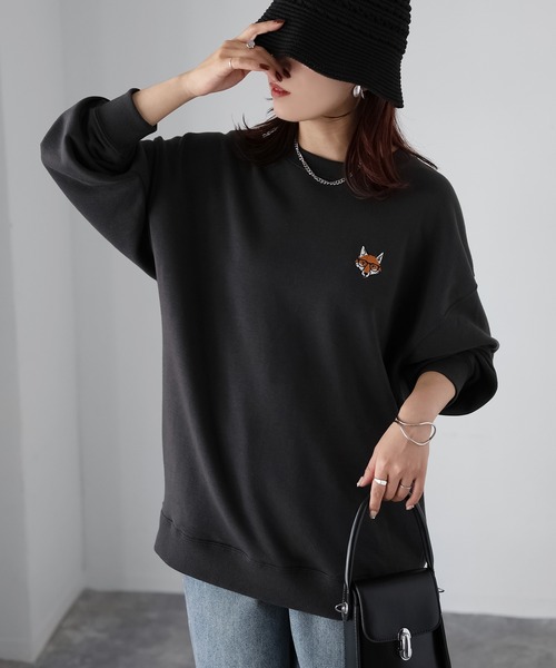 黒 クルーネック トレーナー キツネ刺繍 Riberry トレーナー スウェット めがねキツネ胸刺繍スウェット