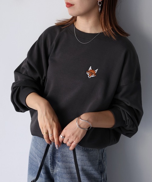 Riberry トレーナー スウェット めがねキツネ胸刺繍スウェット  