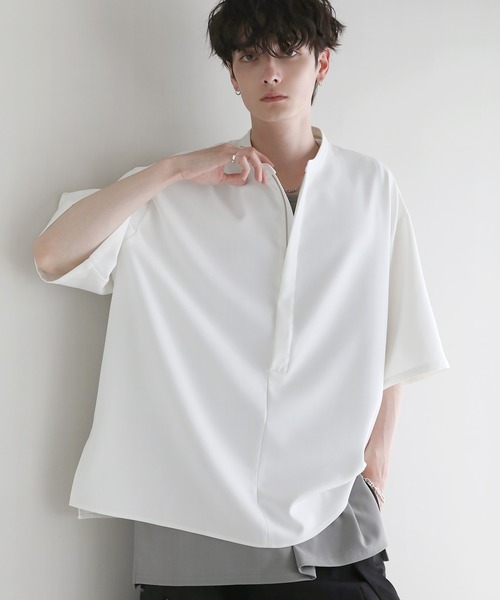 LILL シャツ ルーズシルエットドレープハーフジップ半袖シャツ