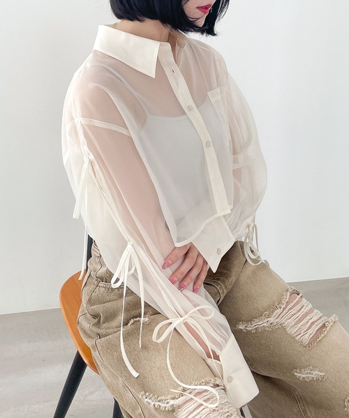 Heather ブラウス シャツ 袖リボンシアーシャツ 137977