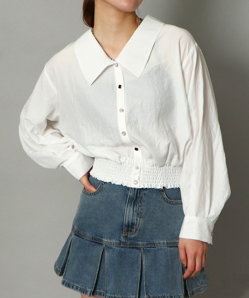 ブラウス シャツ 「BIG襟×ウエストギャザー」レディース ストライプ