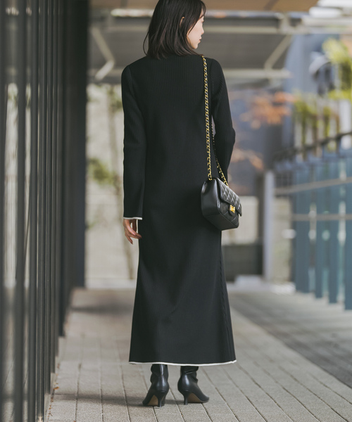 NOBLE / ノーブル バイカラートリムリブニットワンピース 黒