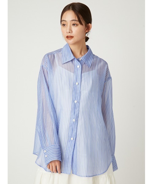FRAY I.D シースルーブルー 長袖シャツ FRAY I.D ブラウス シャツ オーガンジーシアーシャツ レディース