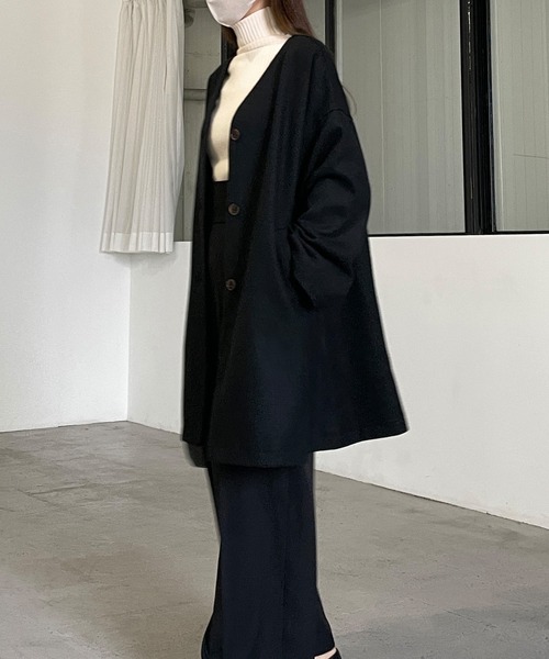 「Louere」 ノーカラーコート MEDIUM ダークブラウン レディース_画像9