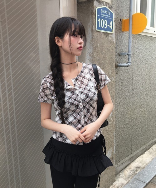anyonemore tシャツ チェック柄スリムフィット半袖カーディガン