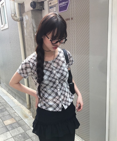 anyonemore tシャツ チェック柄スリムフィット半袖カーディガン