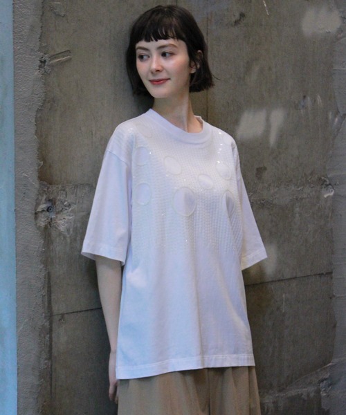 tシャツ スワイー天竺スパンコールサークル刺繍Tシャツ レディース