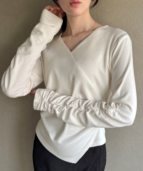 JUNOAH（ジュノア） tシャツ 微起毛カシュクールドレープカットソー