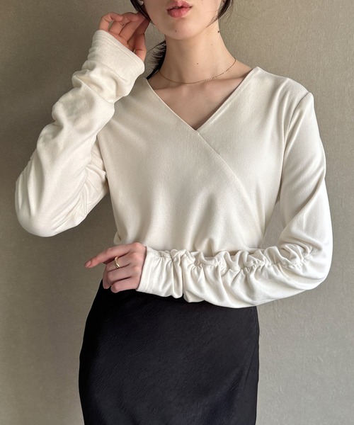 JUNOAH（ジュノア） tシャツ 微起毛カシュクールドレープカットソー