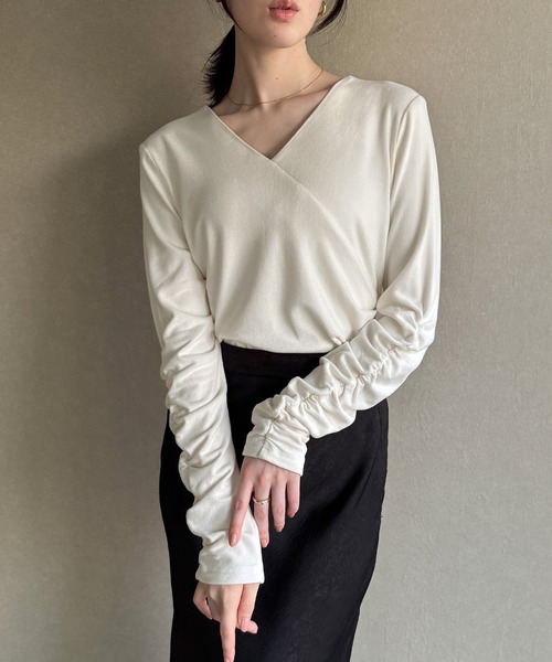 JUNOAH（ジュノア） tシャツ 微起毛カシュクールドレープカットソー