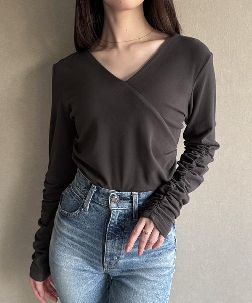 JUNOAH（ジュノア） tシャツ 微起毛カシュクールドレープカットソー