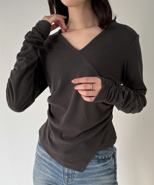 JUNOAH（ジュノア） tシャツ 微起毛カシュクールドレープカットソー