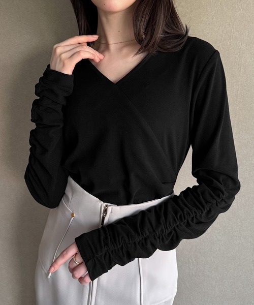 JUNOAH（ジュノア） tシャツ 微起毛カシュクールドレープカットソー