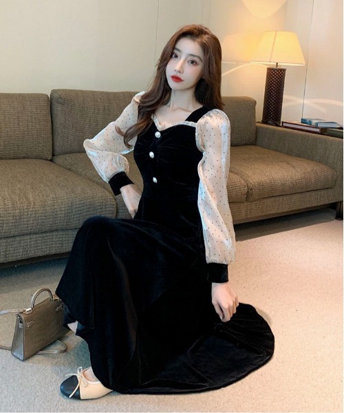 Mejoul ワンピース 「2025秋冬新作」ベロア切り替え シフォンスリーブ