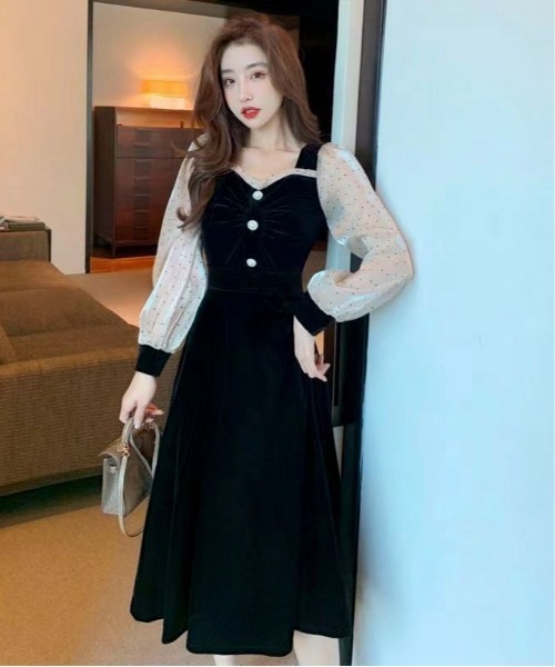 Mejoul ワンピース ベロア切り替え シフォンスリーブ フレアロング